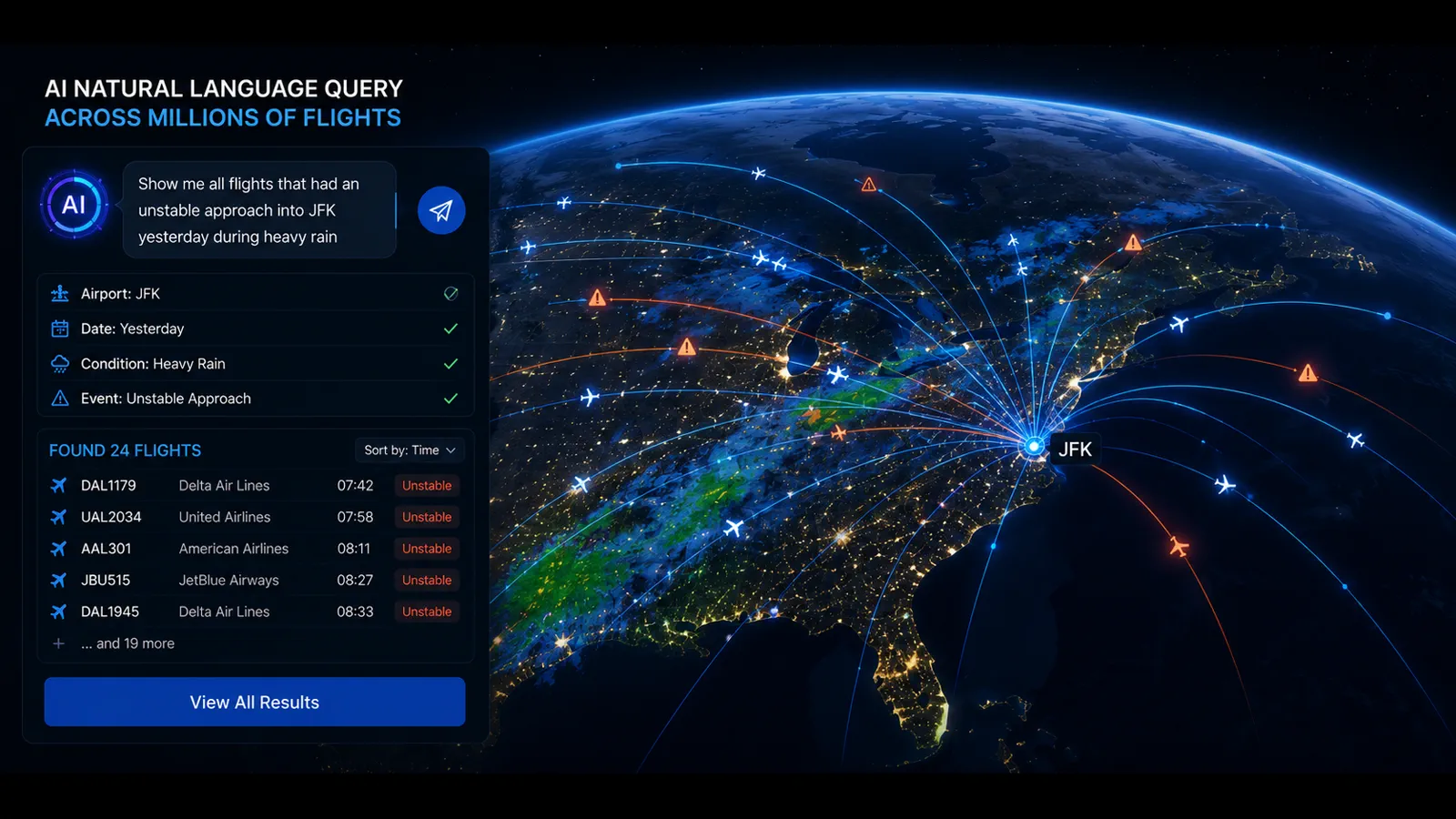 AI natural-language flight search across a globe of flight paths