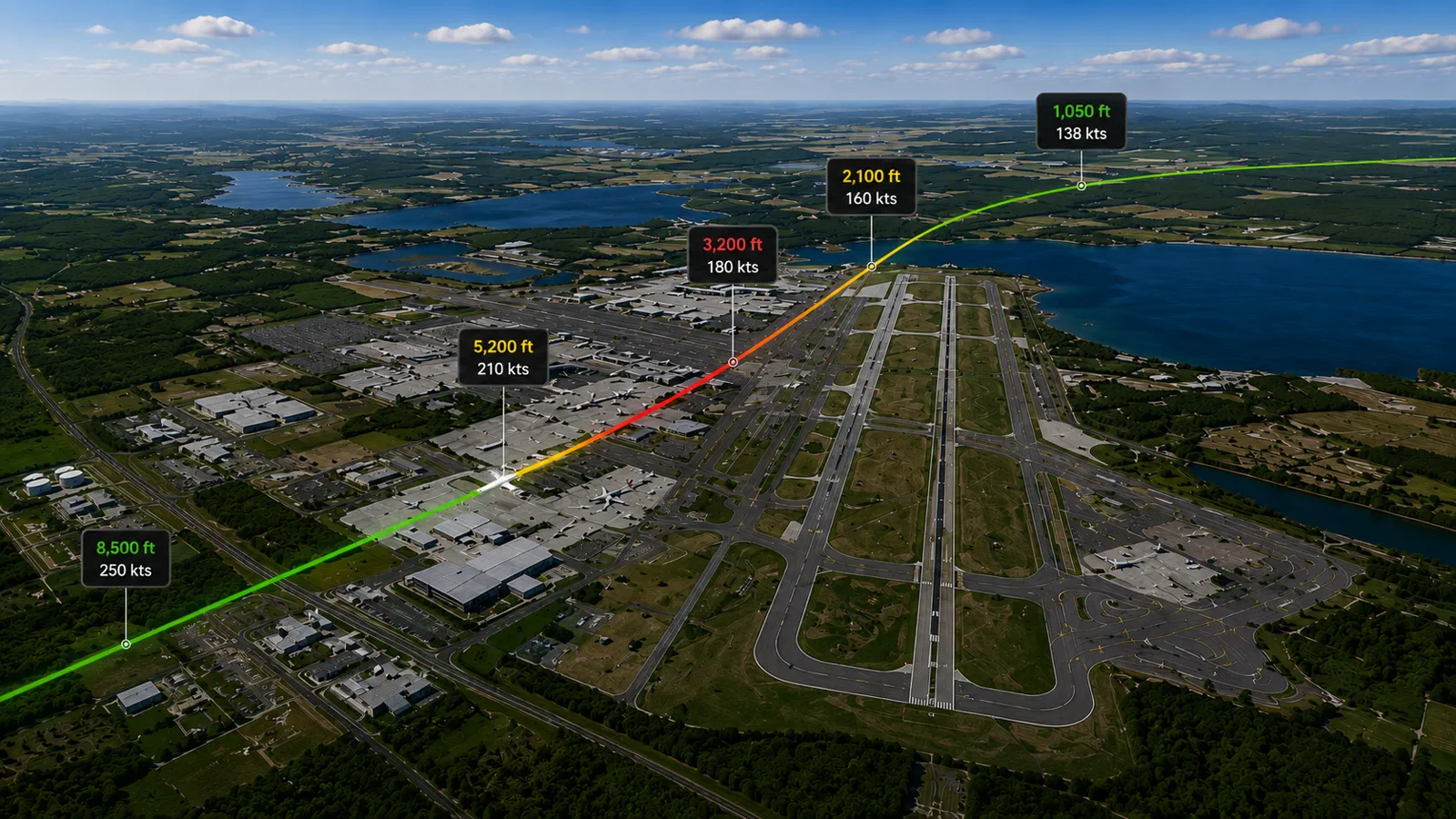 Color-coded 3D approach path with synced altitude and speed labels descending to a runway