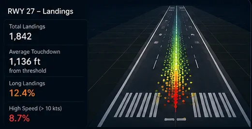 Runway touchdown heatmap with landing and touchdown-distance stats