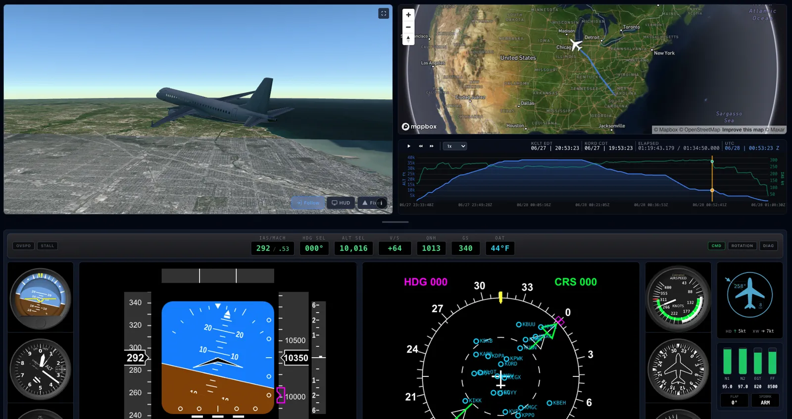 SkyMeter replay cockpit with full instrument panel, 3D view, and map