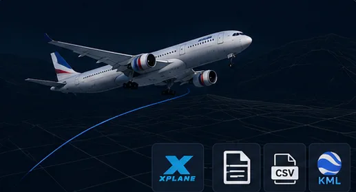 Flight exported to X-Plane with FDR, CSV, and KML formats