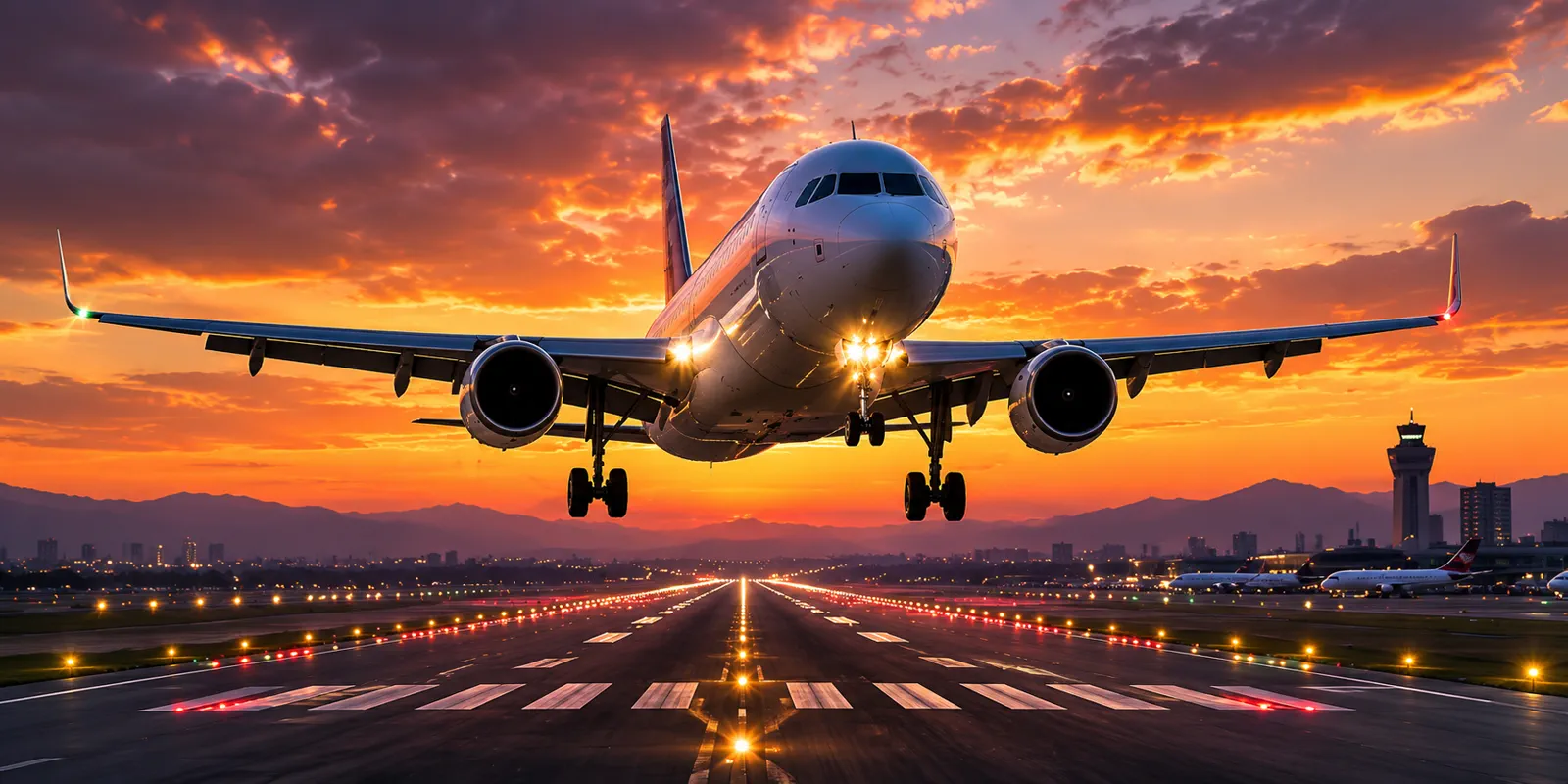 Airliner on final approach at sunset. Every flight, replayed and analyzed on SkyMeter